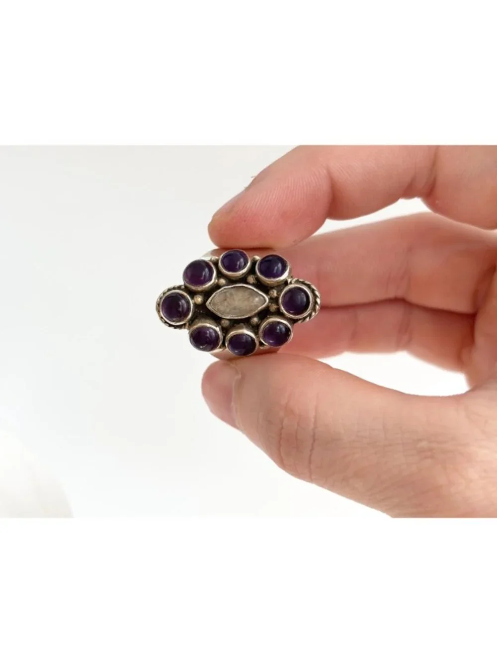 Amethyst Cabochon & Moonstone Art Deco Sterling Silver 925 Vintage Ring sz 6.75